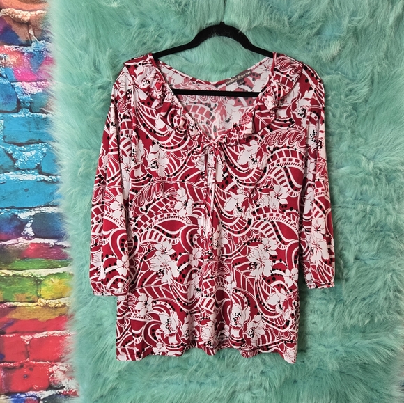 Suzie Couture Red White, 3/4 Sleeve Ruffle Front Tie V Neck Top Size L - Picture 1 of 10